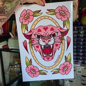 A3 Traditional Tattoo, Flash Print, Panther head, Hearts, Cat head, Flowers, Galentines, Valentines, neotraditional