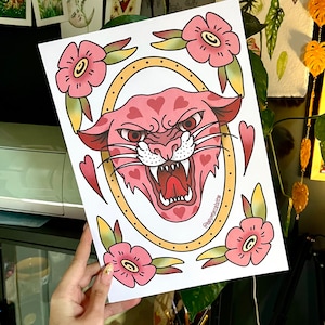 A4 Traditionelles Tattoo, Blitzdruck, Panther Kopf, Herzen, Katzenkopf, Blumen, Galentiner, Valentinstag, neotraditional