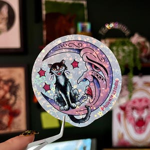 Moon Cat, traditional tattoo sticker, tattoo sticker, holographic sticker, tattoo art, halloween sticker