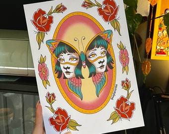A4 Traditional Tattoo, Flash Print, Butterfly, Lady head, Roses, Flowers