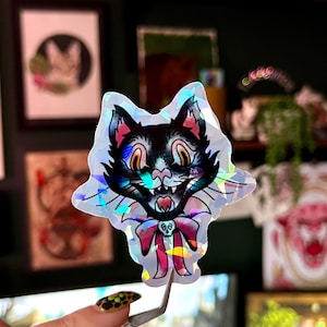 Bow tie Cat, traditional tattoo sticker, tattoo sticker, holographic sticker, tattoo art, halloween sticker