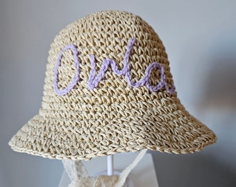 Hand Embroidered Personalised Straw Baby Hat with Lace Ties