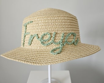 Hand Embroidered Personalised Straw Flat Brim Hat 2-6 years