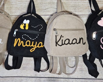 Hand Embroidered Personalised Mini Corduroy Backpack