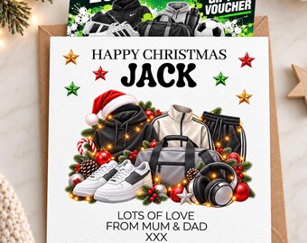 Personalised Christmas Sports Shop Gift Voucher Holder Card, Son, Daughter, Grandson, Granddaughter