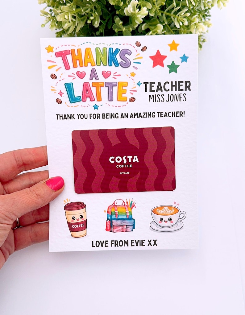 Personalised Thank You Teacher Coffee Thanks A Latte Voucher, End Of Term Gift Present, Teaching Assistant, TA, Class of 2026, Unique Idea bild 2