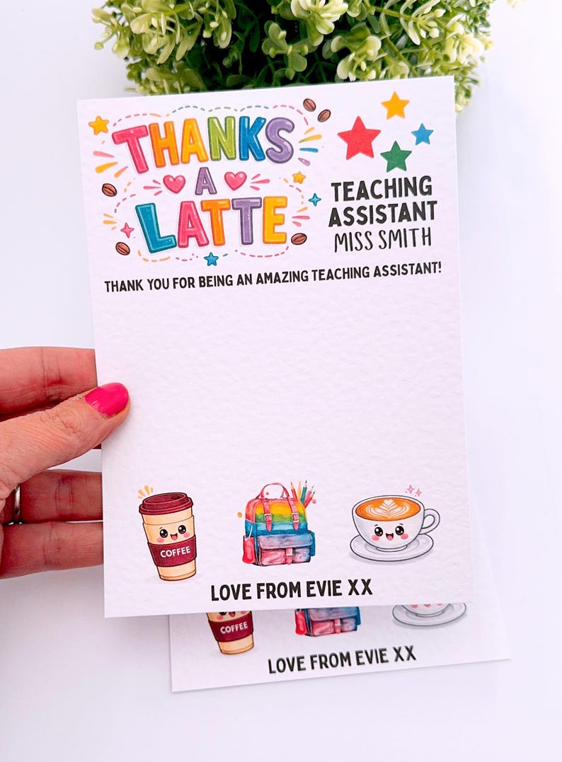 Personalised Thank You Teacher Coffee Thanks A Latte Voucher, End Of Term Gift Present, Teaching Assistant, TA, Class of 2026, Unique Idea bild 4
