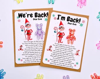 Personalised Elf Arrival Pocket Worry Bear Letter Card, I'm Back, We're Back, Elves Antics, Keepsake, Welcome, Christmas 2026 Unique Present