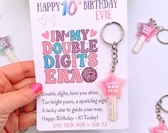 Personalised Double Digits 10th Birthday Lucky Star Keyring Gift Card