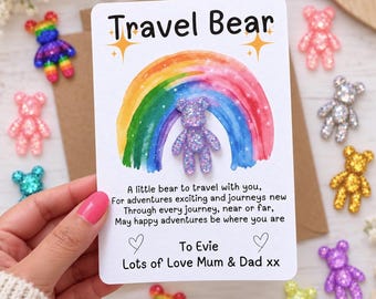 Personalised Travel Pocket Bear Gift | Good Luck Bear for Travelling | Going Abroad Gift | Bon Voyage Keepsake | Son Daughter Travel Gift