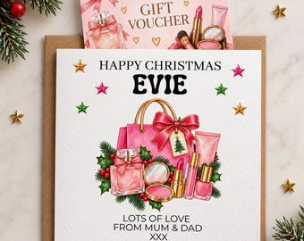 Personalised Make Up Cosmetic Gift Voucher Holder Christmas Design - Card for son, daughter, Grandson, Granddaughter