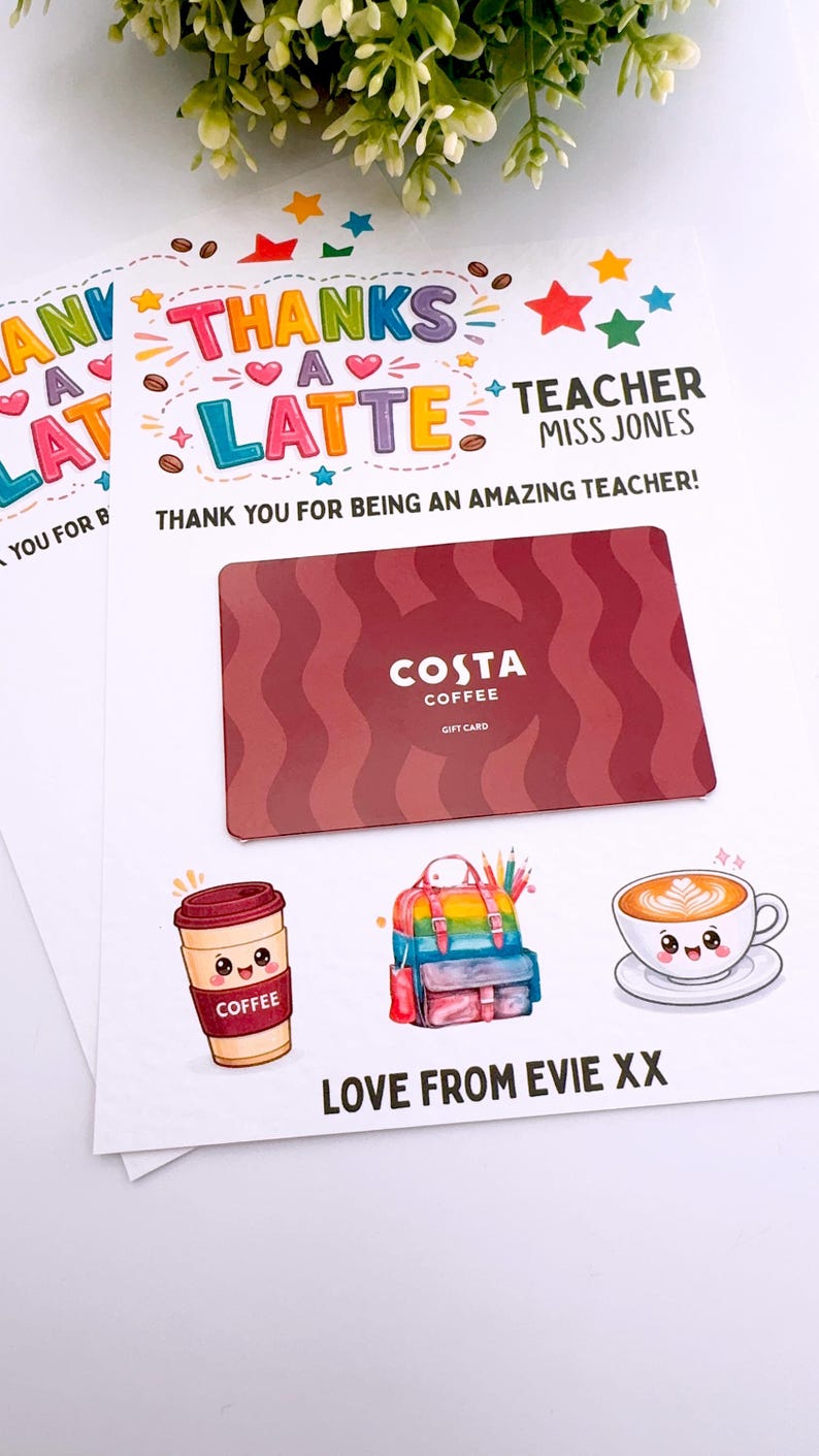 Personalised Thank You Teacher Coffee Thanks A Latte Voucher, End Of Term Gift Present, Teaching Assistant, TA, Class of 2026, Unique Idea bild 6