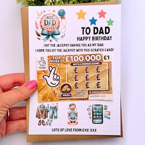 Puede incluir: Tarjeta de cumplea&ntilde;os para pap&aacute; con el texto "Mejor pap&aacute; del mundo" y "Para pap&aacute;, feliz cumplea&ntilde;os". La tarjeta incluye un gr&aacute;fico de boleto de loter&iacute;a raspable con el texto "Premios principales de &pound;100,000 &pound;1".