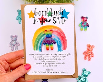 SATs Lucky Bear Good Luck Gift Card Present Ideas - Personalised Worry Bear Son Daughter Grandson Granddaughter Exams