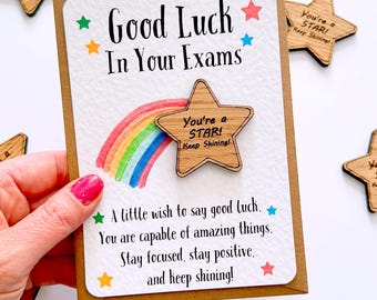 Good Luck Exam Star Pocket Hug Card, GCSES, A Levels. SATS, Mocks, Son Grandson, Daughter, Granddaughter, Niece, Nephew, Keepsake