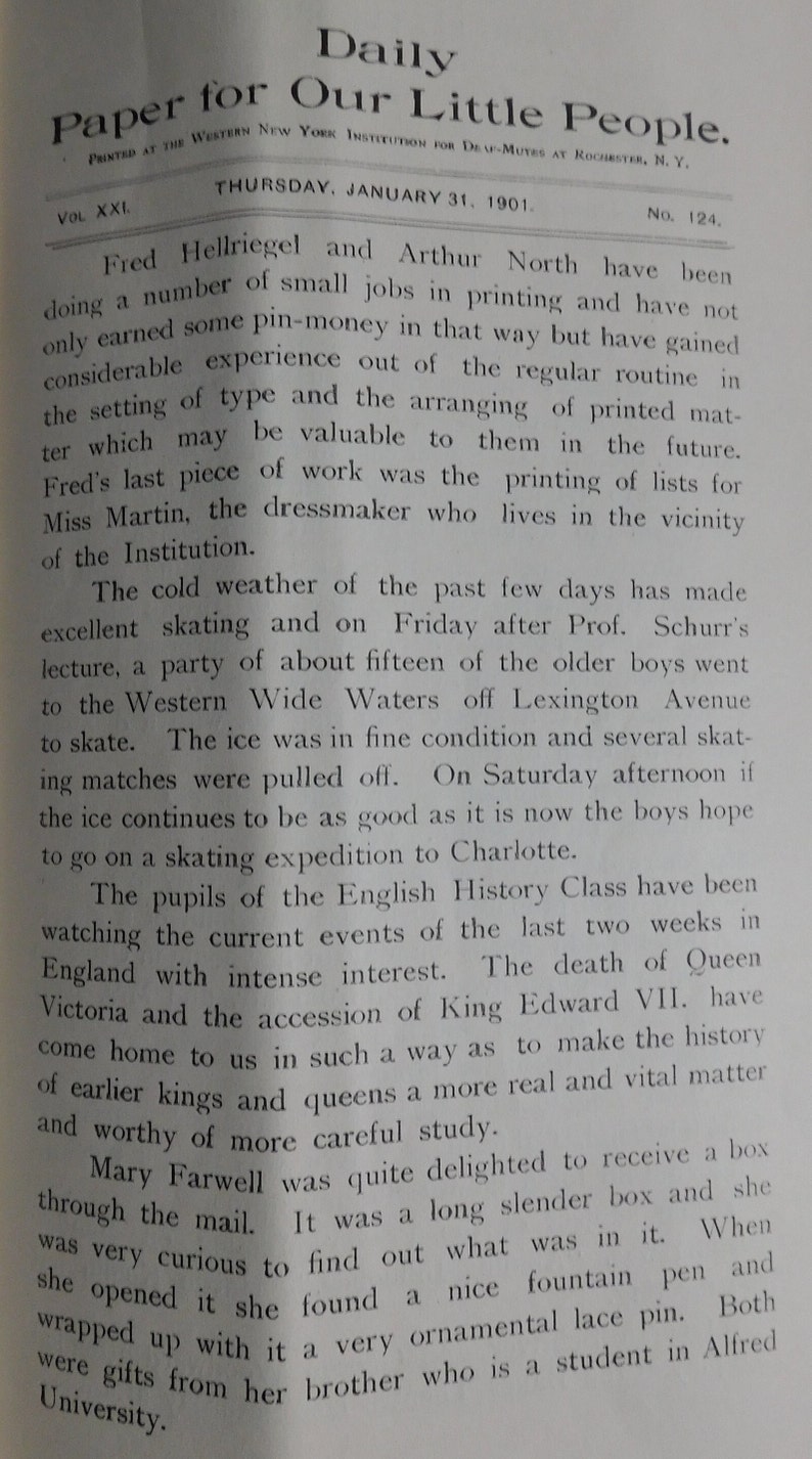 May include: A black and white newspaper clipping from the Daily Paper for Our Little People, dated Thursday, January 31, 1901. The article discusses the activities of students at the Western New York Institution for Deaf-Mutes in Rochester, New York. The article mentions skating, a lecture, and the death of Queen Victoria.