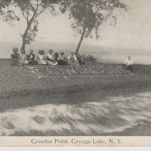 Tarjeta postal de Crowbar Point Cayuga Lake, Nueva York, 1908, con publicidad en el reverso