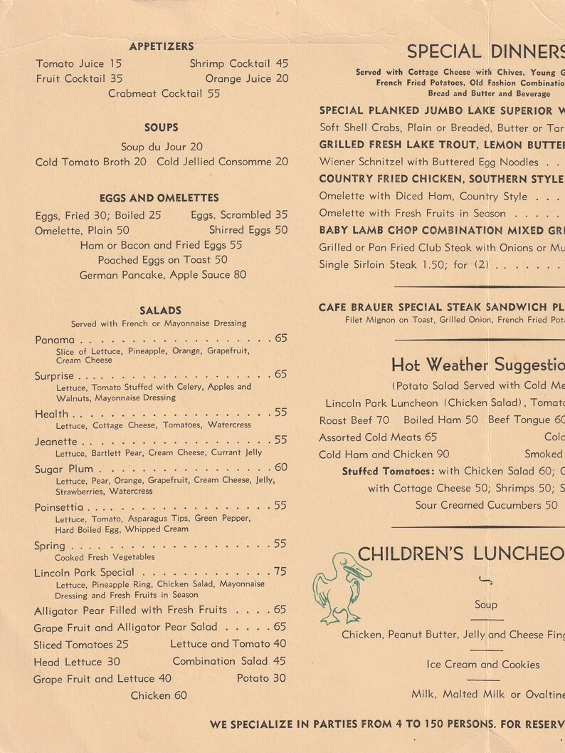 Cafe Brauer Lincoln Park Chicago 1930s Menu - Etsy