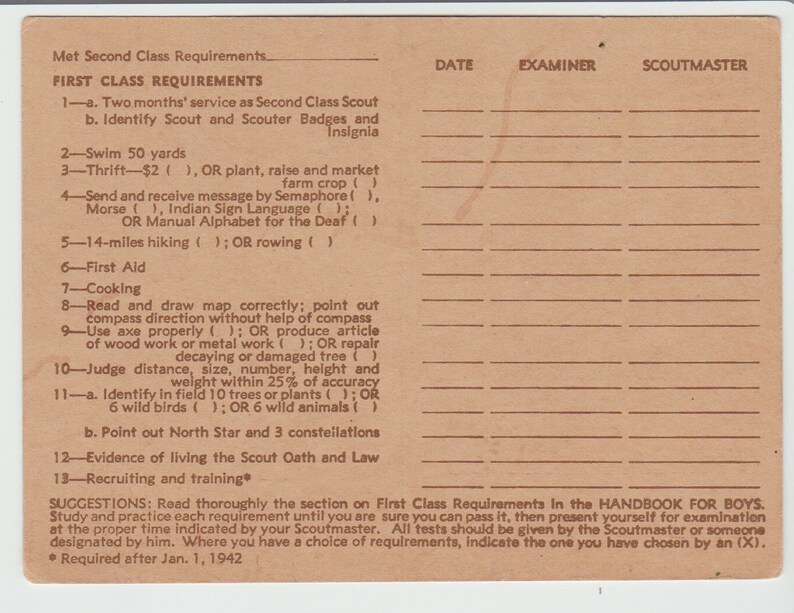 First Class Requirements Workbook 1942 Boy Scouts First Class Score Card - Etsy