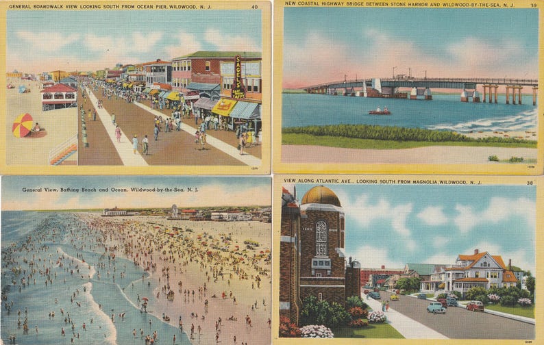 Puede incluir: Conjunto de cuatro postales vintage con escenas de Wildwood, Nueva Jersey. Las im&aacute;genes incluyen una vista del paseo mar&iacute;timo, un puente de carretera costera, una playa concurrida y una vista de la calle con una iglesia.