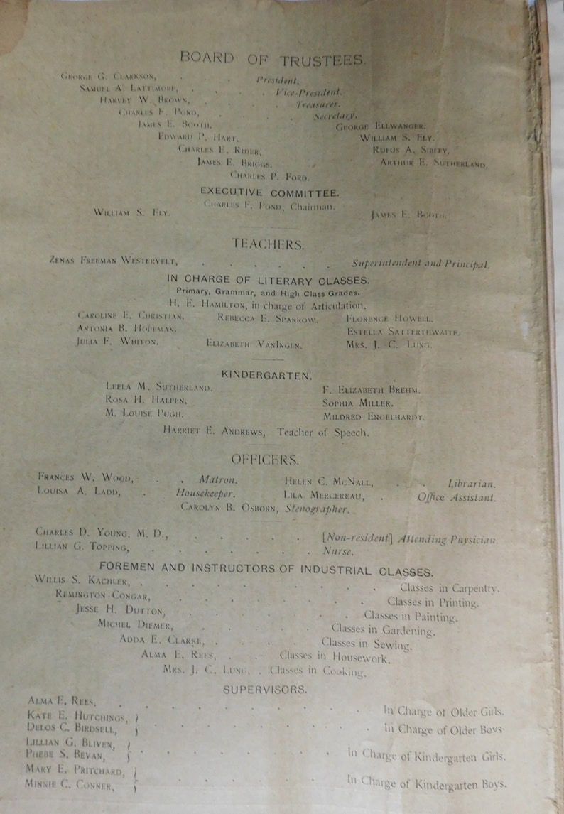 May include: A black and white printed page with a list of names and titles. The page is titled "Board of Trustees" and lists the names of the board members, their titles, and the names of the teachers and staff. The page also includes a list of the classes offered at the school.