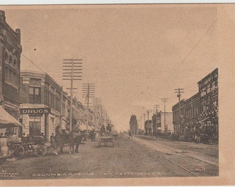 Postal con vista de la calle de Columbia Avenue, New Westminster, BC, Canadá, circa 1908
