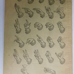 May include: A vintage illustration of the manual alphabet, showing the hand positions for each letter of the alphabet. The image is in black and white and has a worn, aged look. The text "MANUAL ALPHABET" is printed at the bottom of the image.