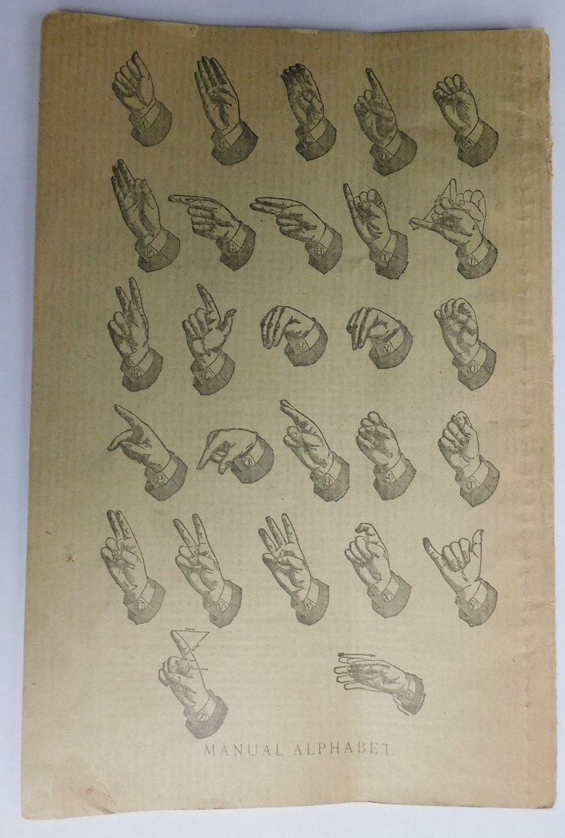 May include: A vintage illustration of the manual alphabet, showing the hand positions for each letter of the alphabet. The image is in black and white and has a worn, aged look. The text "MANUAL ALPHABET" is printed at the bottom of the image.