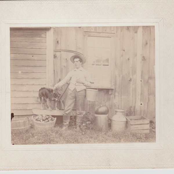 Man With Dog Shotgun Pumpkin and Metal Milk Can September 14 1904 Cabinet Photograph Buffalo NY