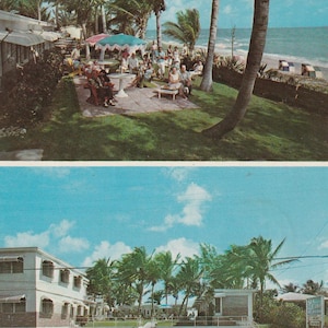 May include: Vintage postcard featuring a tropical resort scene. The top half shows a group of people relaxing under palm trees near the beach. The bottom half depicts a parking lot with classic cars in front of a building. The sky is blue with scattered clouds.