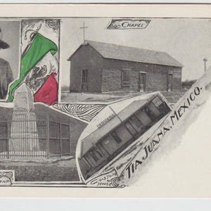 Puede incluir: Una postal vintage que representa una escena de la frontera entre Estados Unidos y México. La postal presenta un edificio etiquetado como "Customs House", un edificio etiquetado como "Chapel" y un monumento fronterizo. El texto "Tia Juana, México" está escrito en diagonal a través de la imagen.