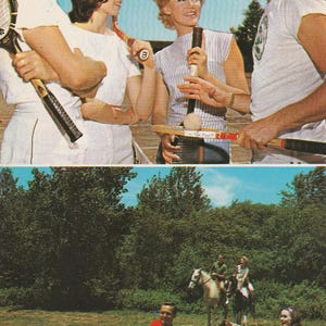 Tamarack Lodge Greenfield Park NY 1960s Split View Postcard Tennis Boating Horse Riding