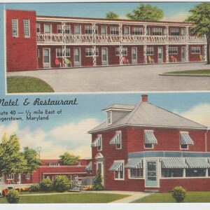 May include: Vintage postcard featuring the Venice Motel & Restaurant. The image shows a two-story motel with red brick construction and a restaurant with awnings. Text on the card reads "Private Tile Showers" and "Modern - Heated."