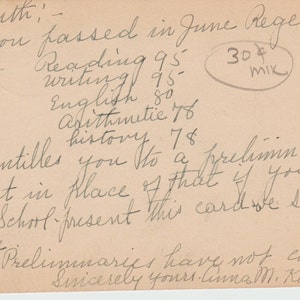 Boleta de calificaciones de 1923 en postal a Auburn NY