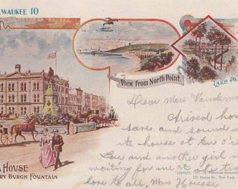 Operahuset och två fler vyer Milwaukee WI Wisconsin Amerikanskt souvenirkort 1897 Vykort