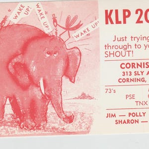 May include: A pink cartoon elephant with three flies on its back, each holding a sign that says "Wake Up!" The elephant has a sad expression on its face. The text "KLP 2049" is in red at the top right corner of the image. The text "Just trying to get through to you for a SHOUT!" is in red below the number. The text "CORNISH'S 313 SLY AVE. CORNING, N.Y." is in red below the text "SHOUT!" The text "73's PSE QSL TNX" is in red below the address. The text "JIM - POLLY - JIMMY SHARON - SHEILA" is in red at the bottom of the image.