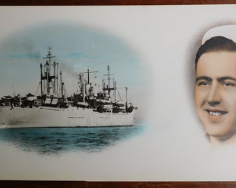 World War Two Sailor and Ship USS Magoffin Color Photograph In Fancy Brass Frame With Glass