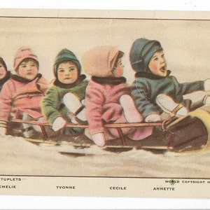 Cartão postal Dionne Quintuplets e dois cartões postais engraçados para crianças