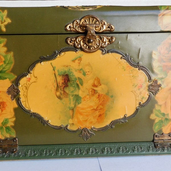 Victorian Celluloid Decorated Vanity Dresser Jewelry Box Mechanically Opens