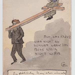 Cartão postal alemão em quadrinhos pintado à mão enviado pelo correio na véspera de Natal de 1906