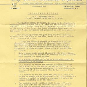 1947 Carta de dos páginas y sobre Escuela Aeronáutica Elmira Horseheads NY