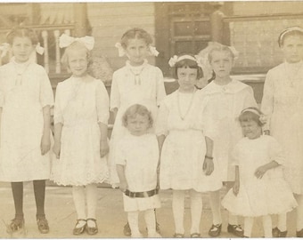 Circa 1910 Real Photo Postcard RPPC Eight Young Girls Dressed In White