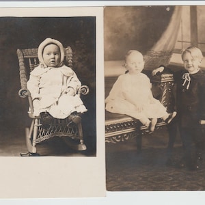 May include: Two vintage black and white photographs of children. The first photo shows a baby sitting in a wicker rocking chair. The second photo shows two children sitting on a bench.