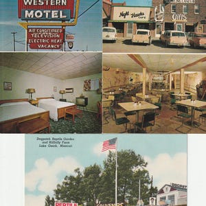 May include: Vintage postcards featuring roadside attractions. One shows a motel sign with "Great Western Motel" and "Vacancy". Another depicts a cafe and bowling lanes. Other cards show a motel room, a restaurant, and a reptile garden with souvenirs.