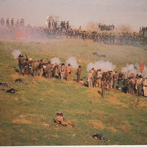 Re-enactment van de burgeroorlog Vier ansichtkaarten met kleurenfoto's uit de jaren 90