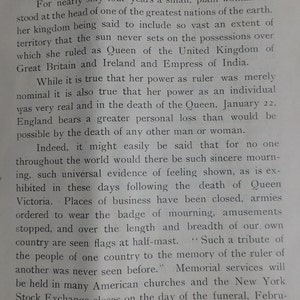 May include: A black and white newspaper article from January 28, 1901, announcing the death of Queen Victoria. The article details the impact of her death on England and the world, including the closing of businesses, the lowering of flags to half-mast, and the upcoming funeral.