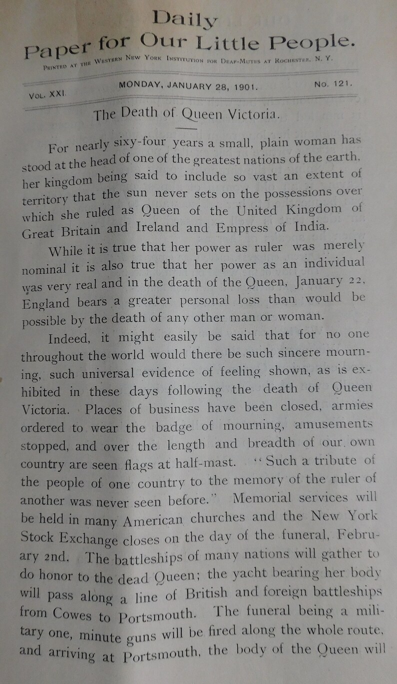 May include: A black and white newspaper article from January 28, 1901, announcing the death of Queen Victoria. The article details the impact of her death on England and the world, including the closing of businesses, the lowering of flags to half-mast, and the upcoming funeral.