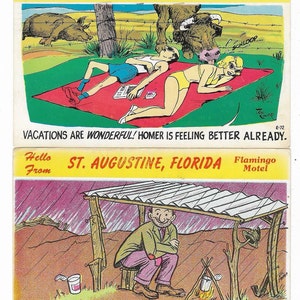 Laff O Gram Four 1960s Postcards Connie&#39;s Drive In Honeoye NY and Flamingo Motel St Augustine Fl