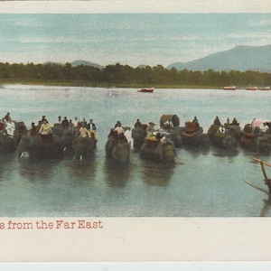 May include: A vintage postcard depicting a river scene with elephants carrying people. The postcard, titled "Greetings from the Far East", shows several elephants in the water, with a boat in the foreground and mountains in the background. The postcard is a vintage print.