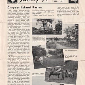 May include: A vintage September 1952 newsletter titled Timely Tips featuring Crapser Island Farms. The document includes black and white photographs of a stone house, a dirt road, a herd of cows, a horse with farm workers, and farm barns.